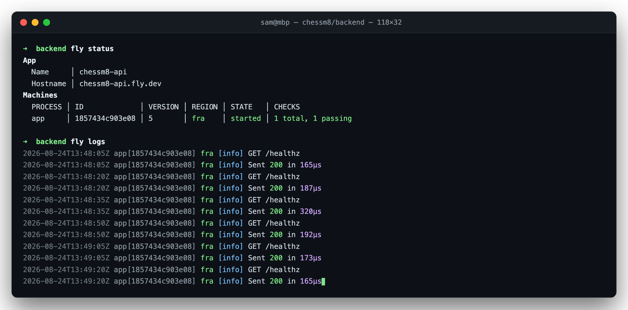 My monitoring terminal: fly status and the healthcheck heartbeat
