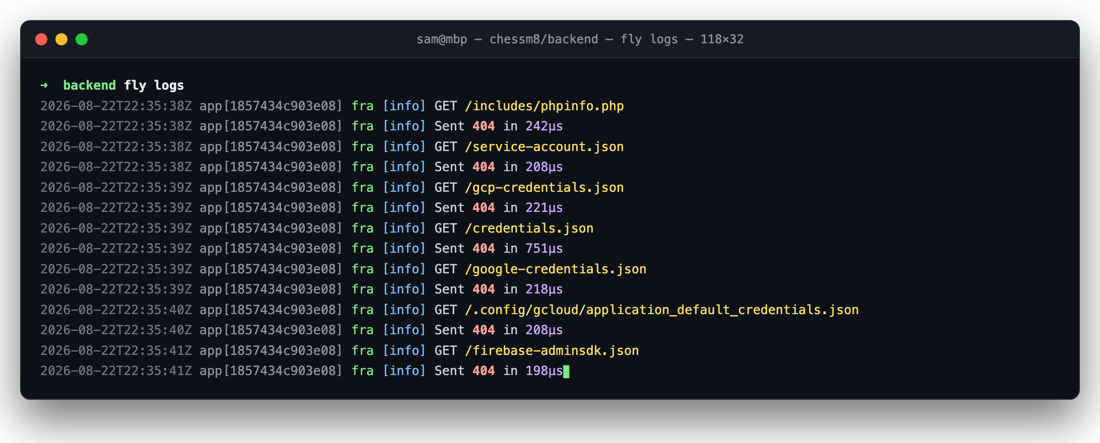 A bot hunting for credentials on launch night, every probe bounced with a 404