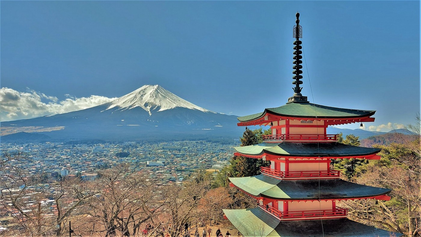 Mt Fuji with the red five-storey Chūreitō Pagoda in the foreground