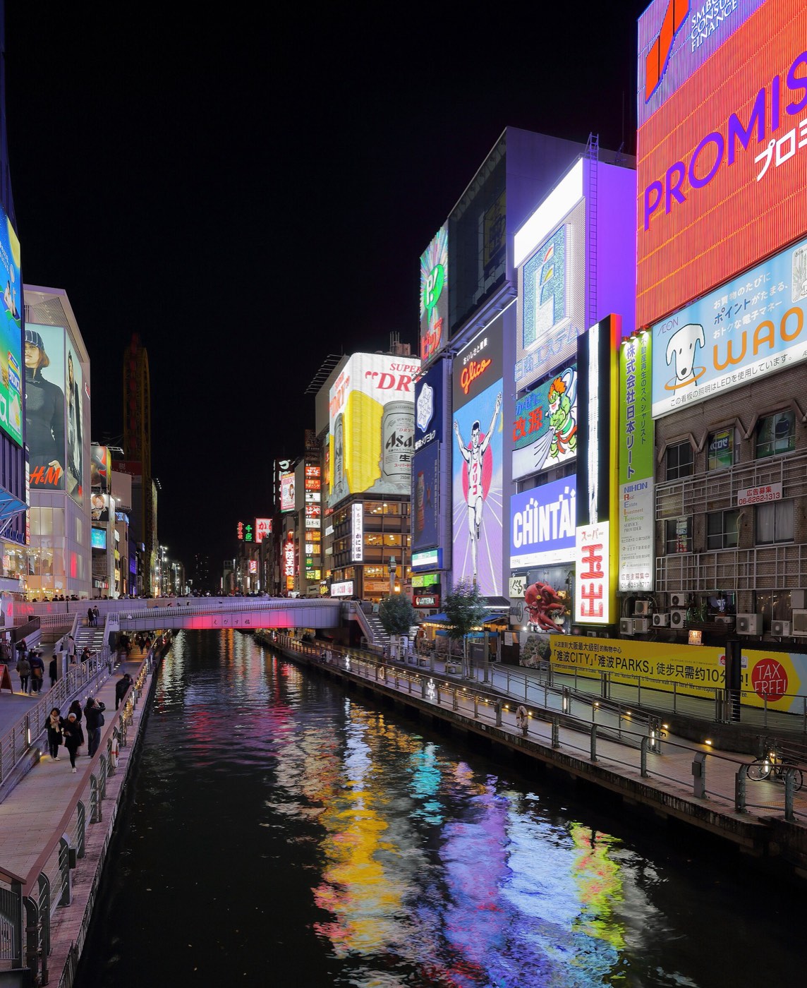 Dōtonbori canal at night with neon signs reflecting in the water
