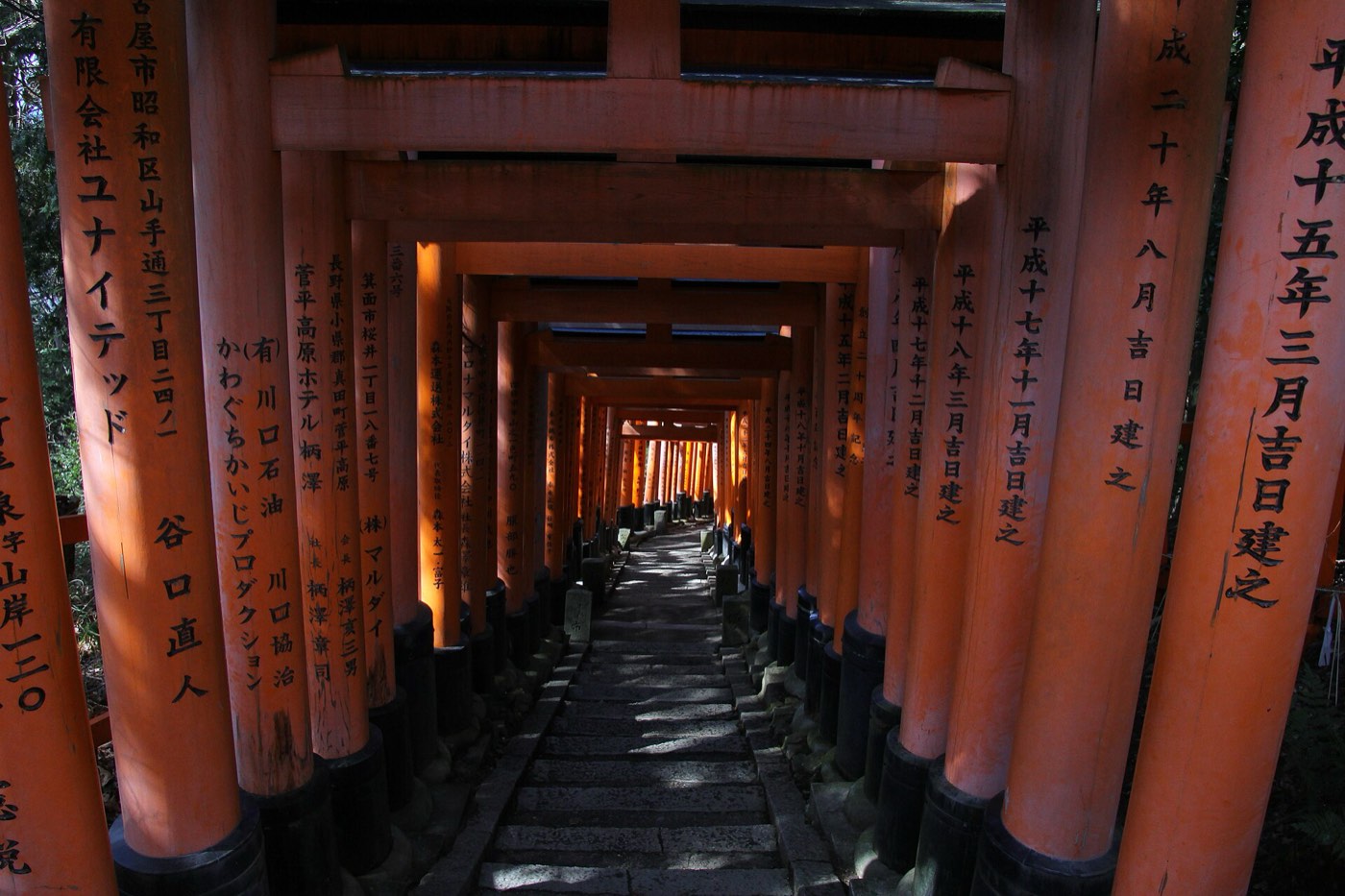 A dim tunnel of closely spaced vermilion torii gates at Fushimi Inari