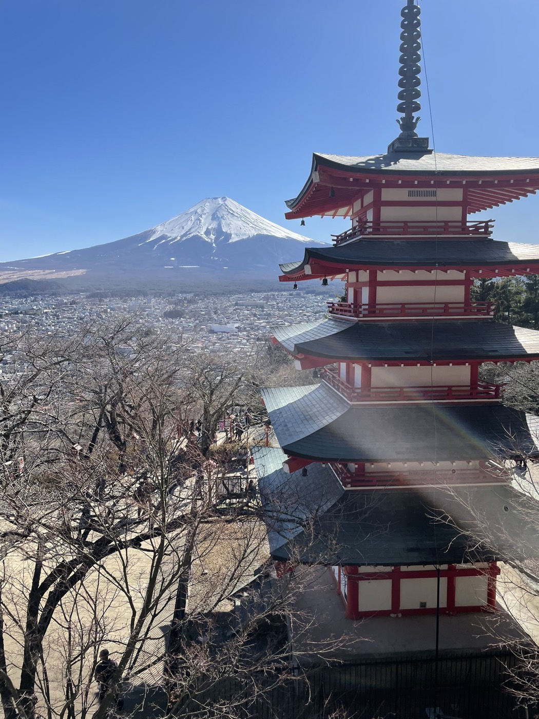 Mt Fuji behind the red Chūreitō Pagoda